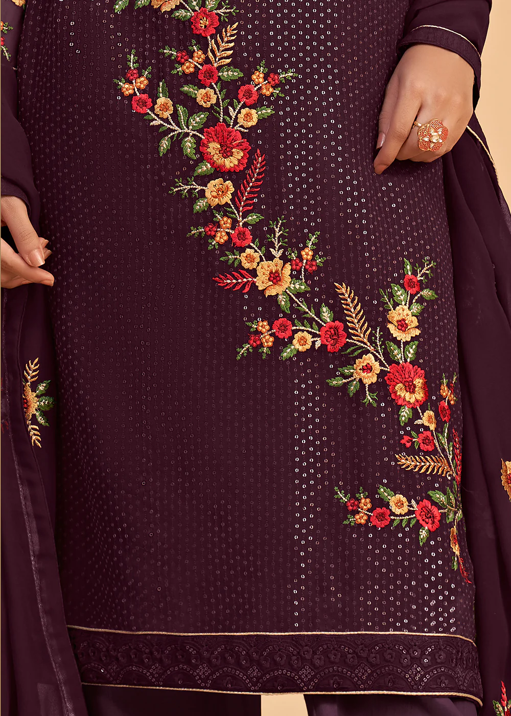 Floral Embroidered Wine Indian Wedding Wear Salwar Suit - Image 4