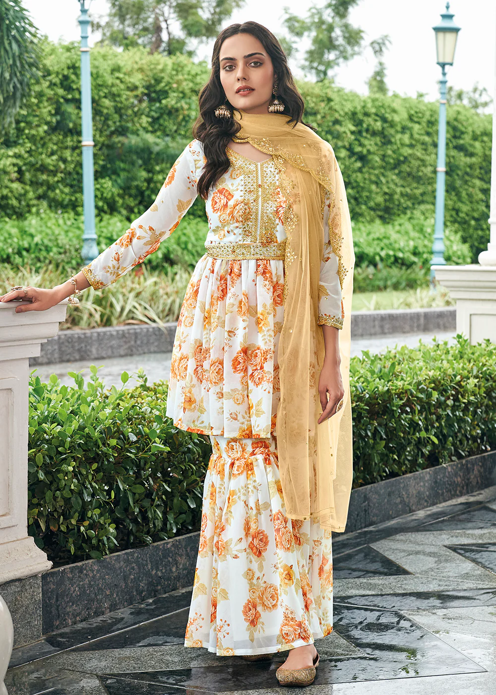 Floral Printed Amazing White Trendy Sharara Style Suit - Image 3