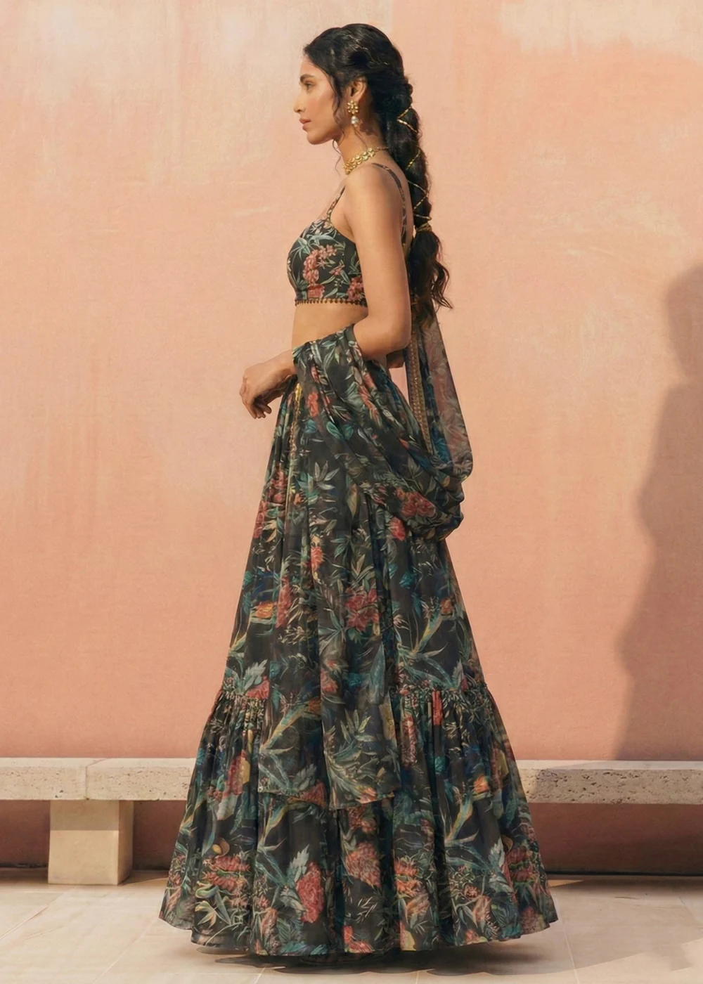 Floral Printed Black Georgette Crop Top Lehenga Choli - Image 2