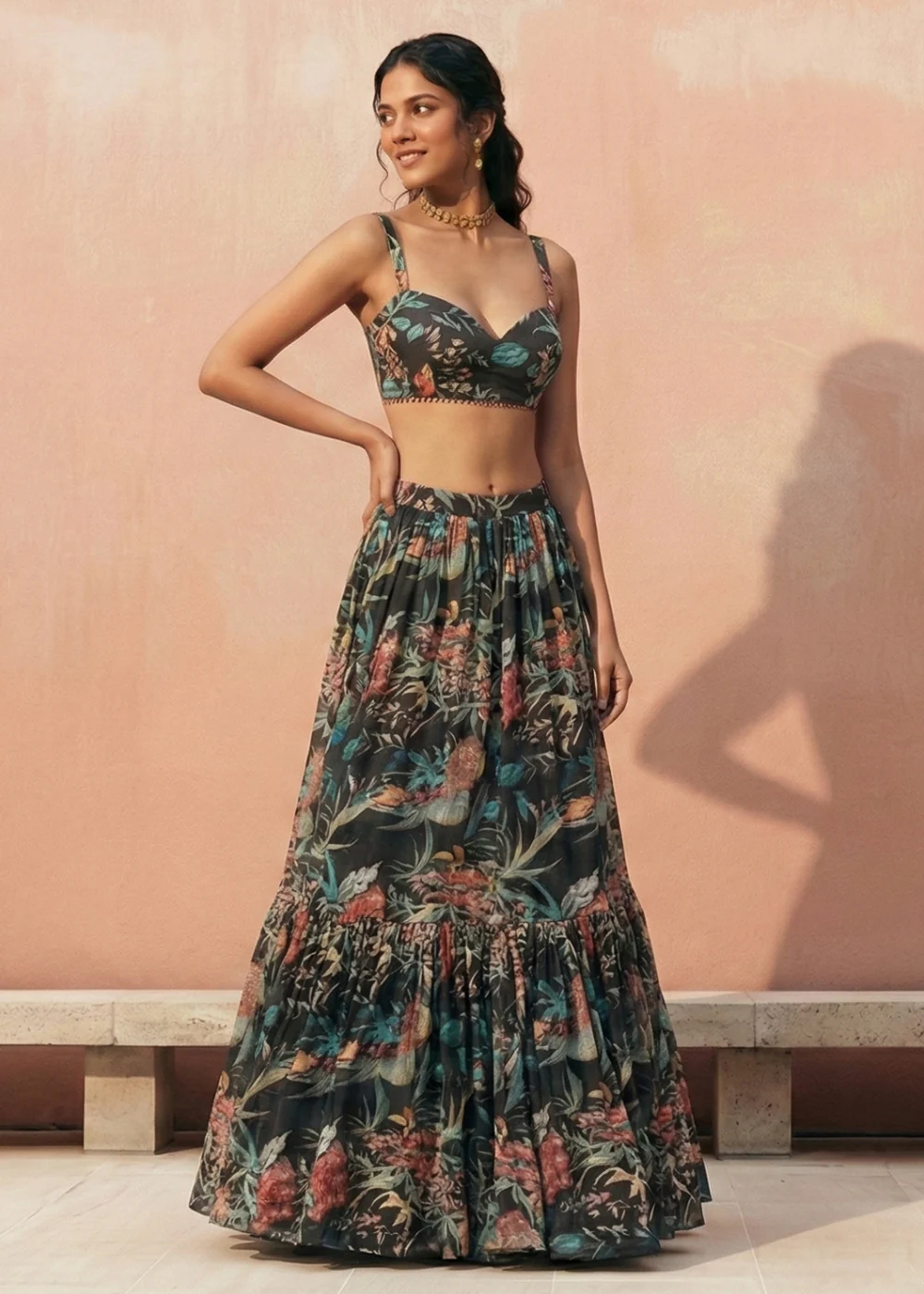 Floral Printed Black Georgette Crop Top Lehenga Choli - Image 3