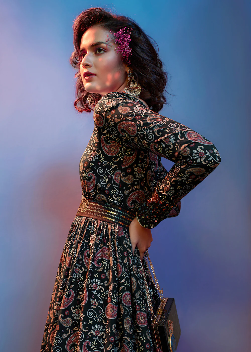 Floral Printed Exquisite Black Crepe Wedding Festive Party Gown - Image 2
