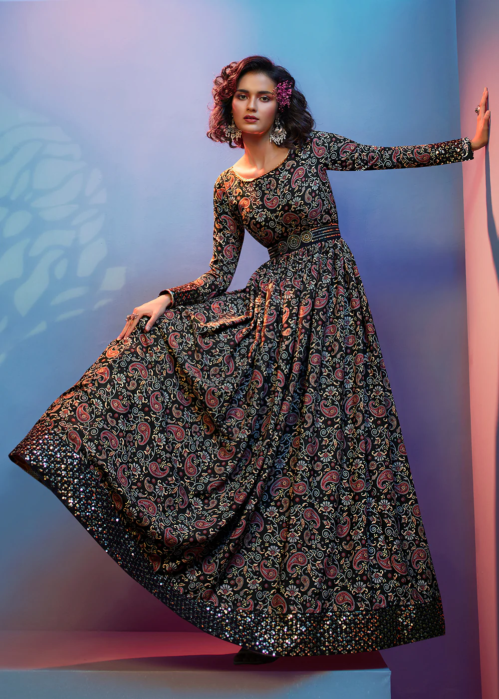 Floral Printed Exquisite Black Crepe Wedding Festive Party Gown - Image 3