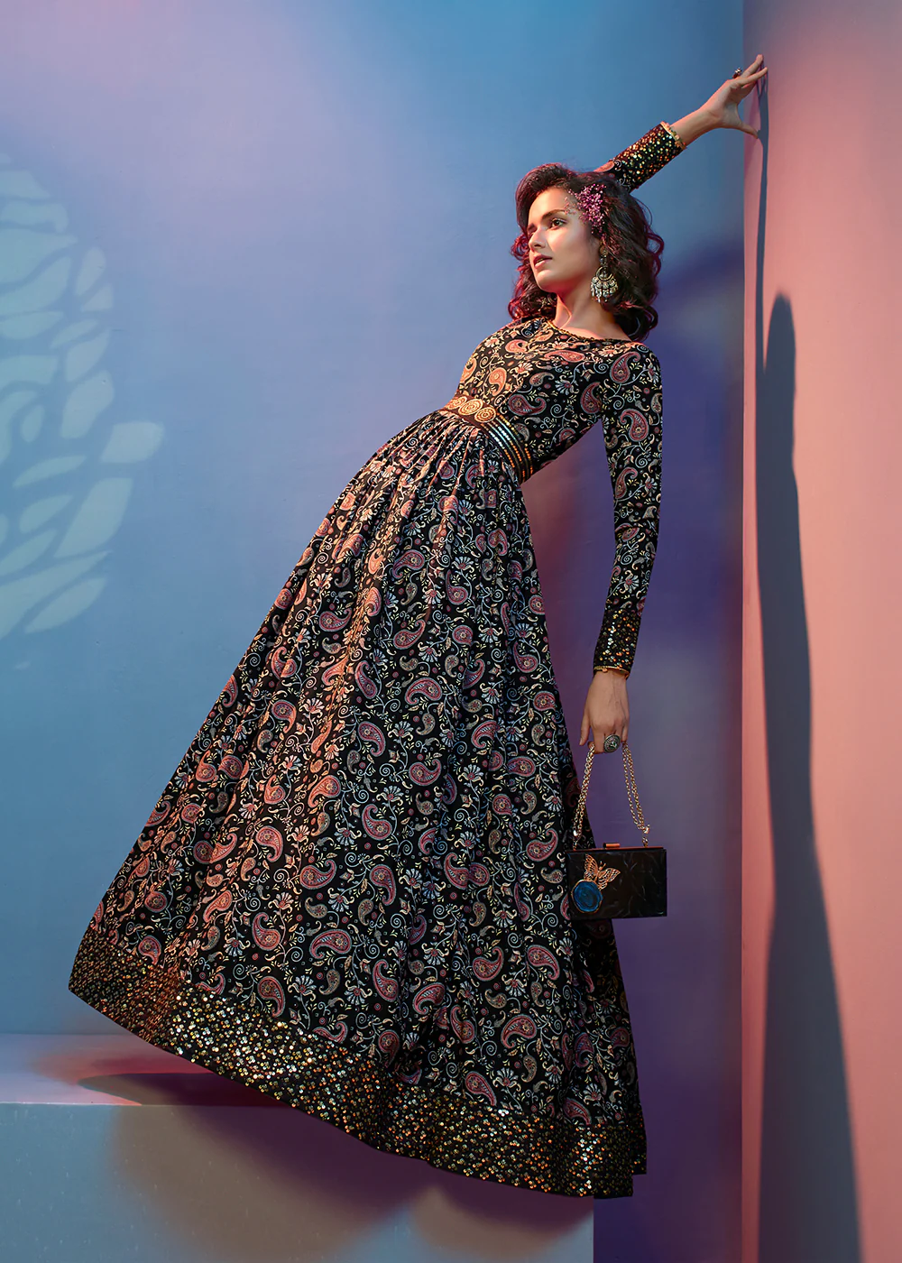 Floral Printed Exquisite Black Crepe Wedding Festive Party Gown - Image 4