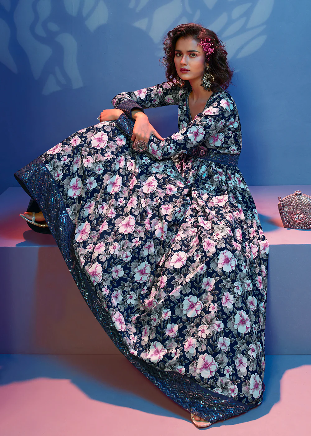 Floral Printed Glorious Blue Crepe Wedding Festive Party Gown - Image 3