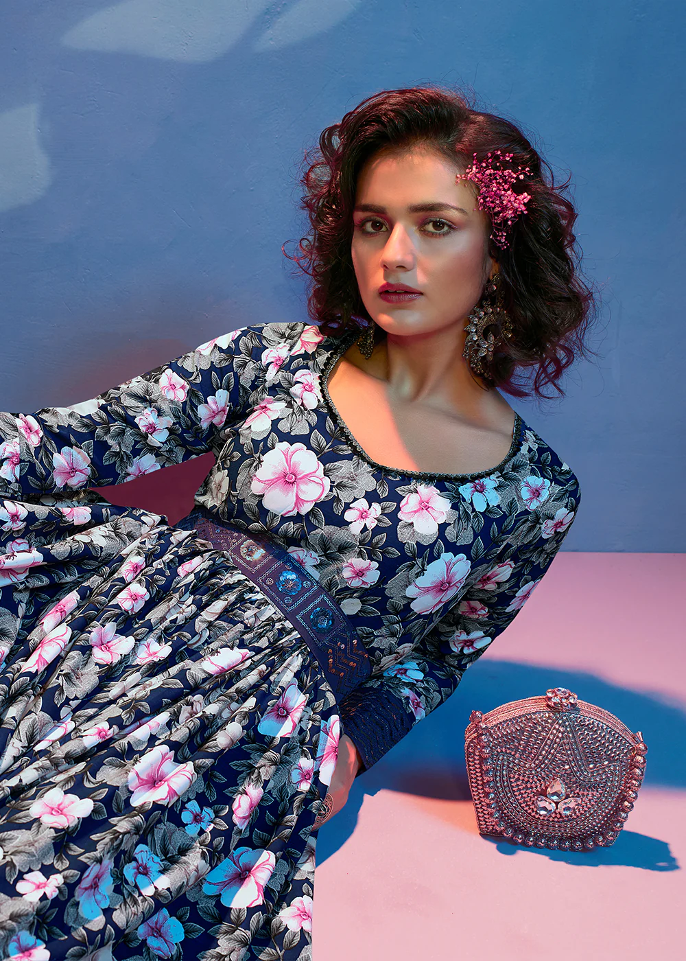 Floral Printed Glorious Blue Crepe Wedding Festive Party Gown - Image 4