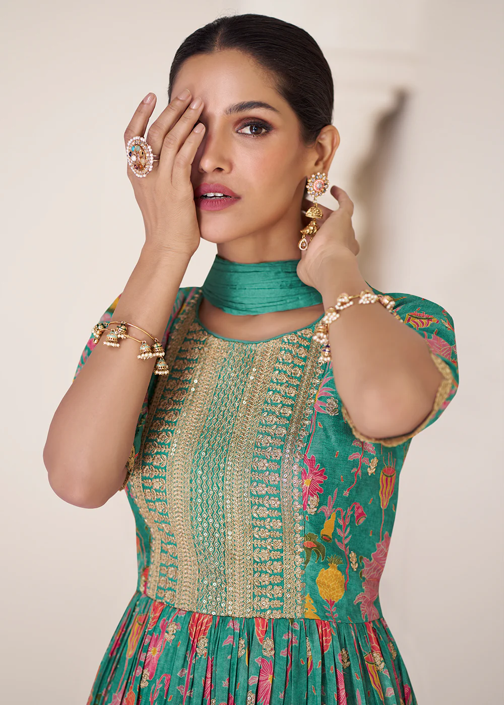 Floral Printed Green Premium Organza Silk Anarkali Suit - Image 2