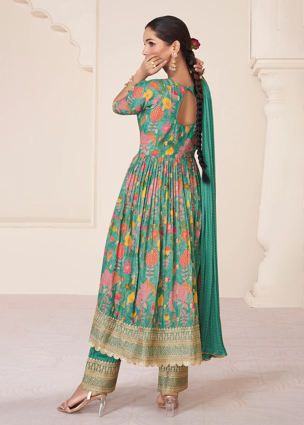 Floral Printed Green Premium Organza Silk Anarkali Suit - Image 3
