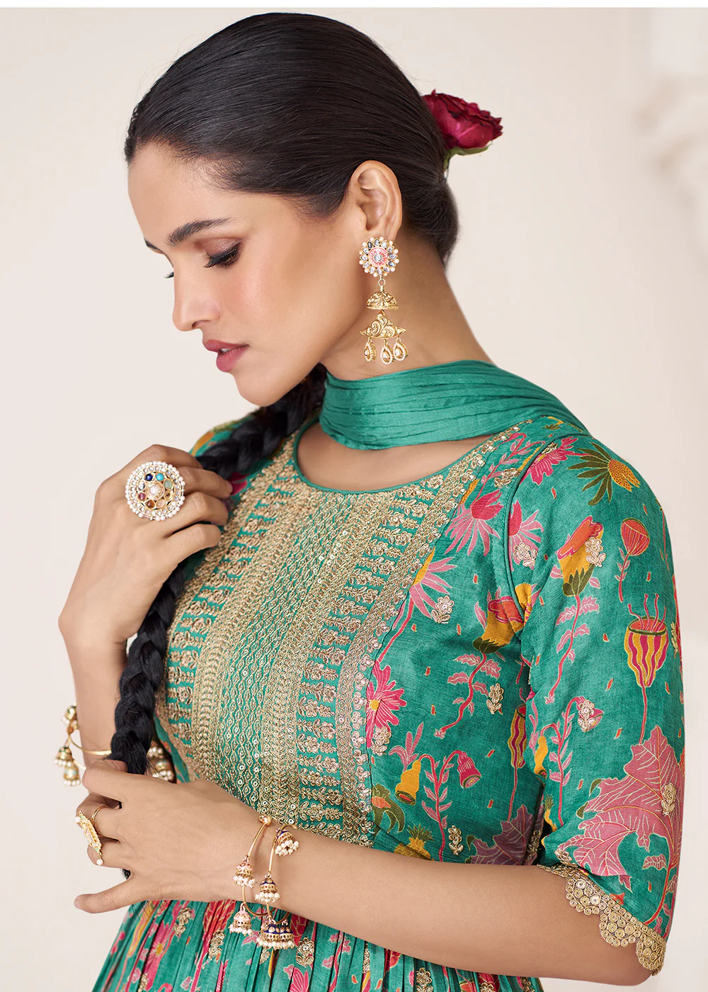 Floral Printed Green Premium Organza Silk Anarkali Suit - Image 4