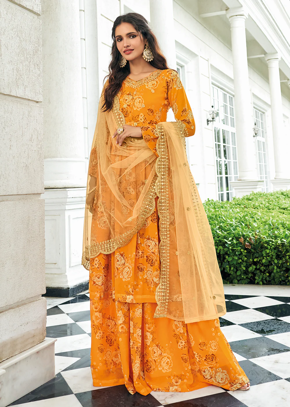 Floral Printed Haldi Yellow Trendy Sharara Style Suit - Image 4