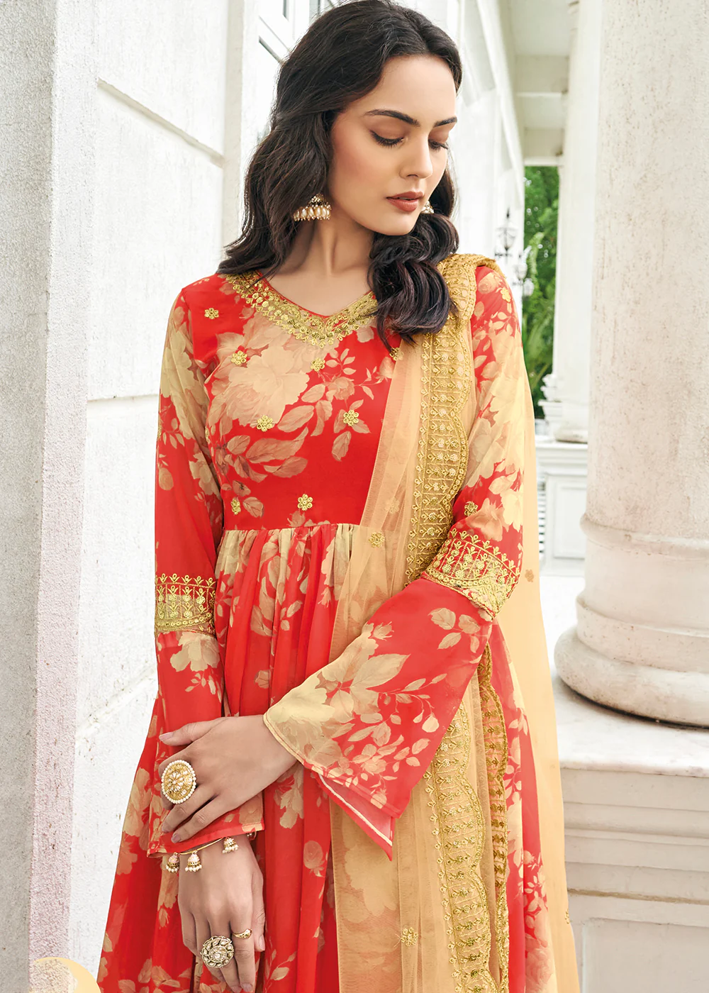 Floral Printed Memorable Red Trendy Sharara Style Suit - Image 2