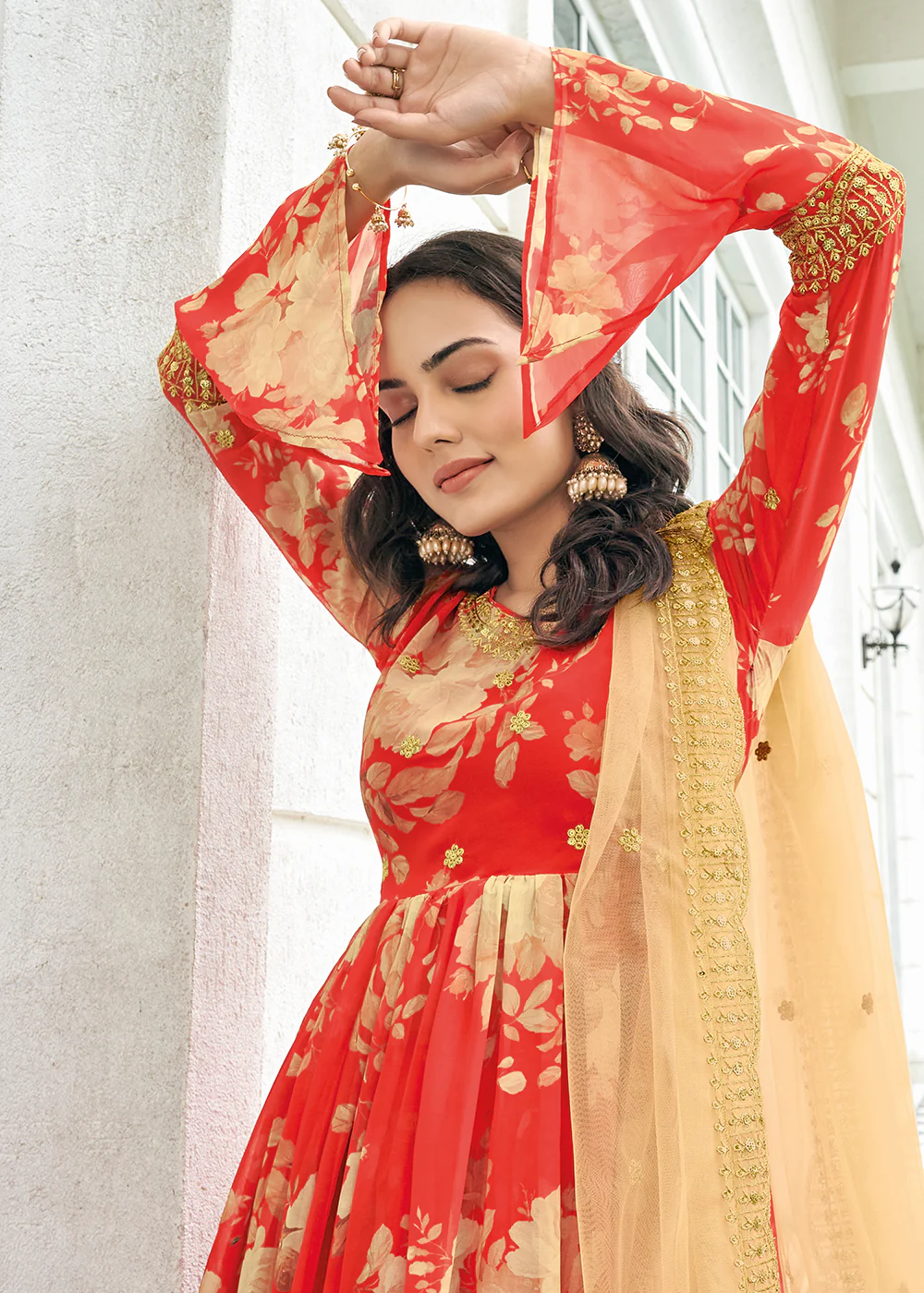 Floral Printed Memorable Red Trendy Sharara Style Suit - Image 3