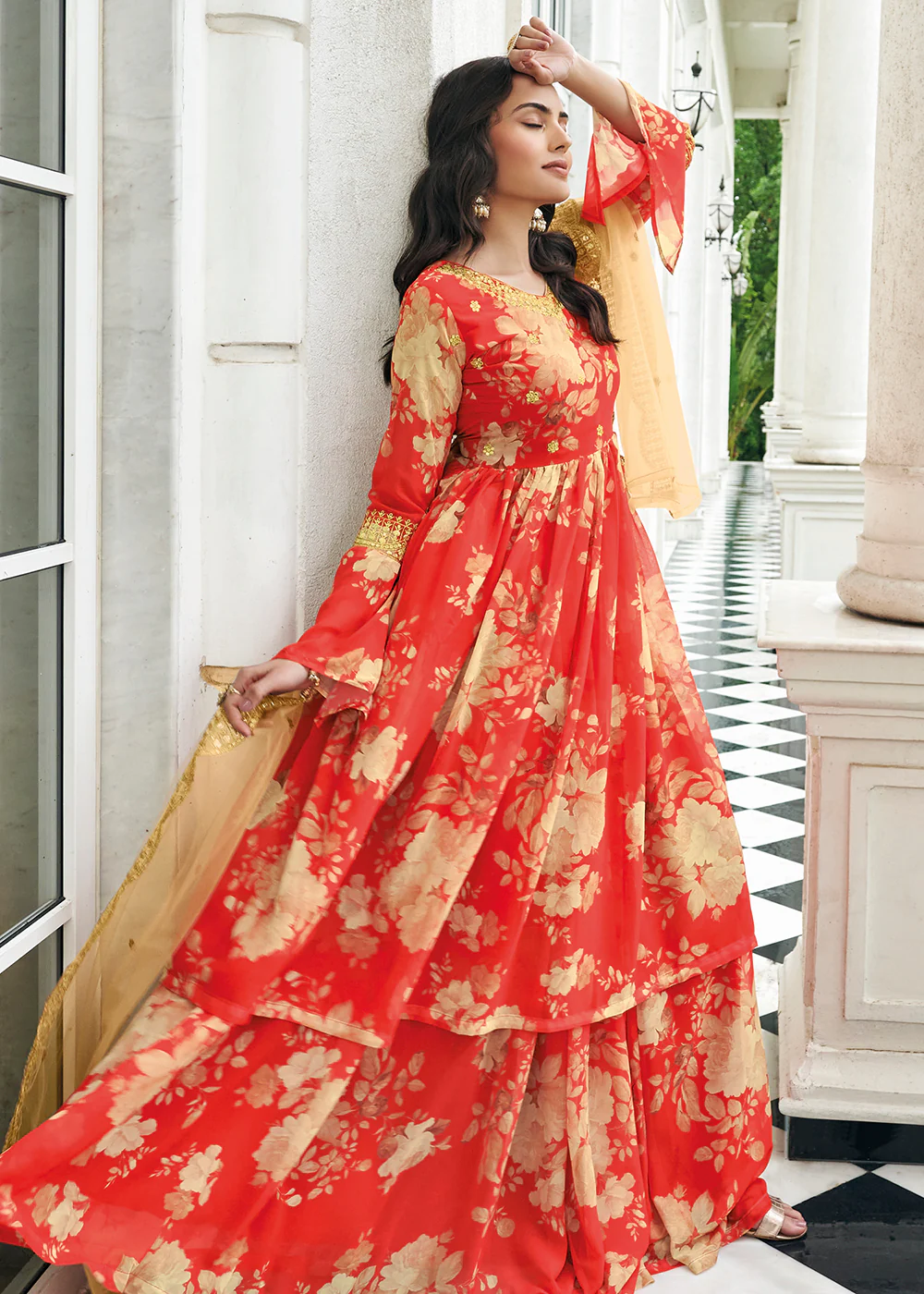 Floral Printed Memorable Red Trendy Sharara Style Suit - Image 4