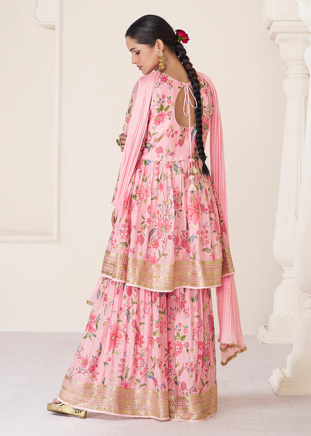 Floral Printed Pink Premium Organza Silk Gharara Style Suit - Image 3