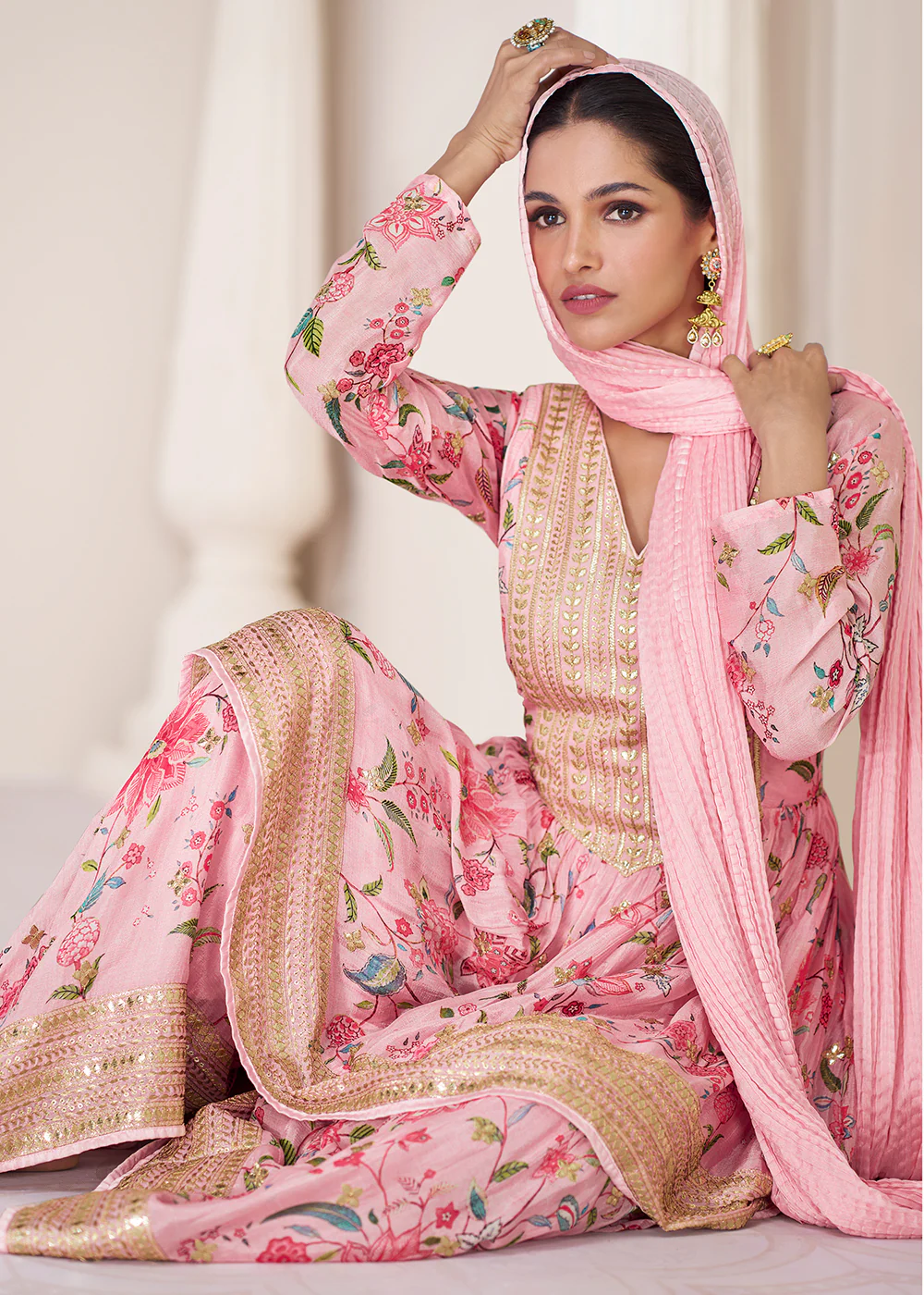 Floral Printed Pink Premium Organza Silk Gharara Style Suit - Image 4