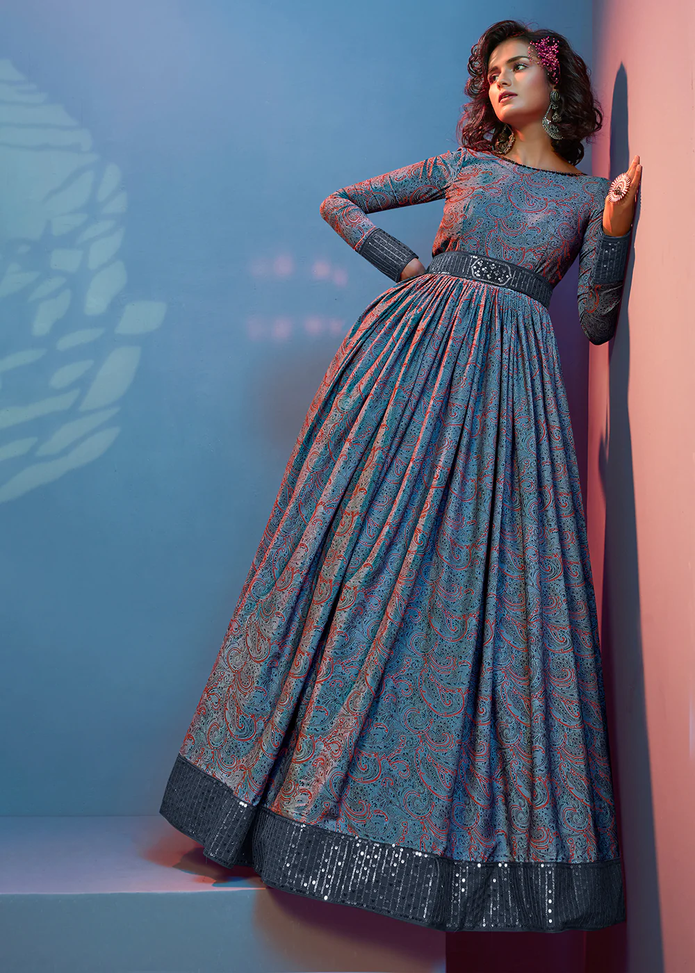 Floral Printed Splendid Grey Crepe Wedding Festive Party Gown - Image 3