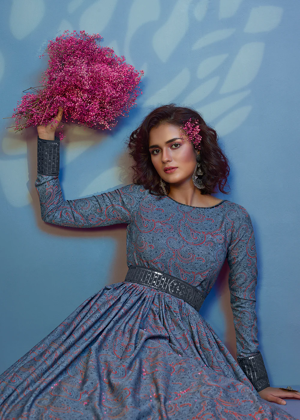 Floral Printed Splendid Grey Crepe Wedding Festive Party Gown - Image 5