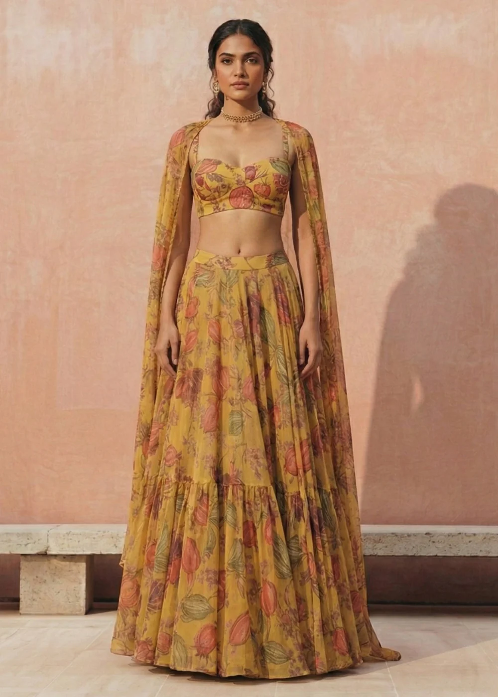 Floral Printed Yellow Georgette Crop Top Lehenga Choli