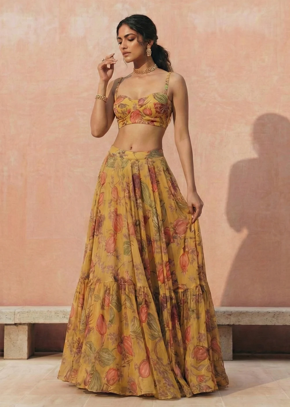 Floral Printed Yellow Georgette Crop Top Lehenga Choli - Image 4