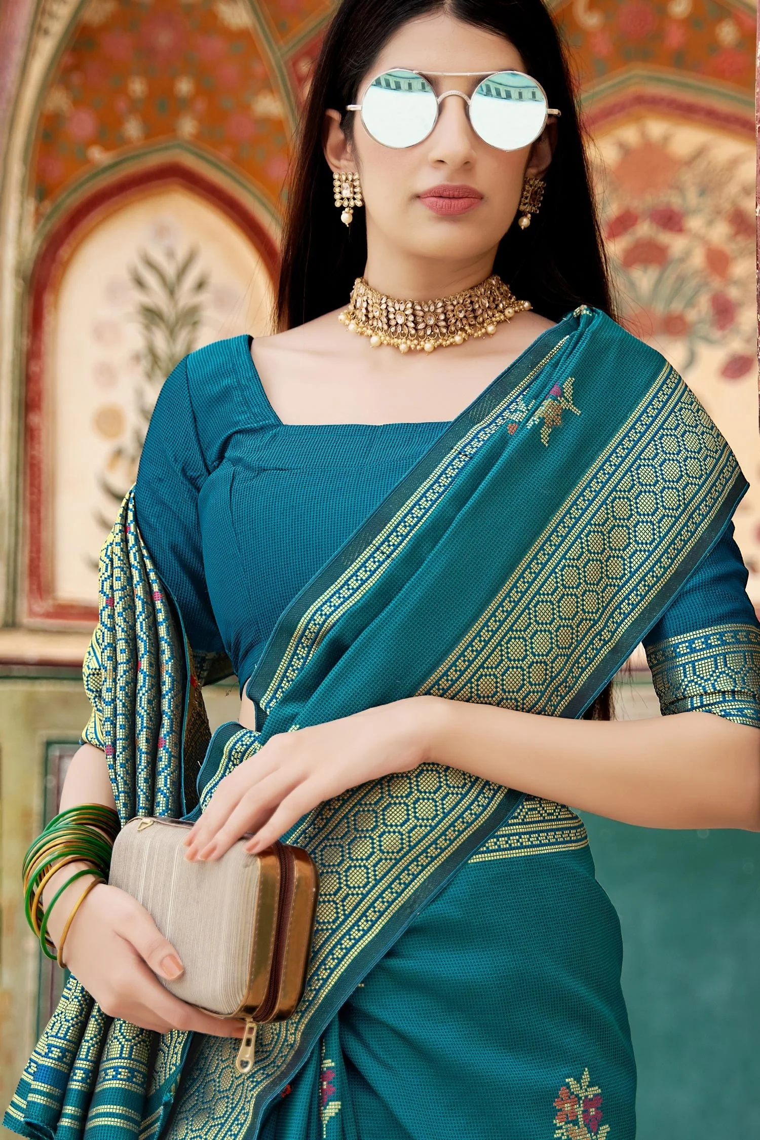 Floral Weaving Teal Blue Banarasi Silk Traditional Saree - Image 2