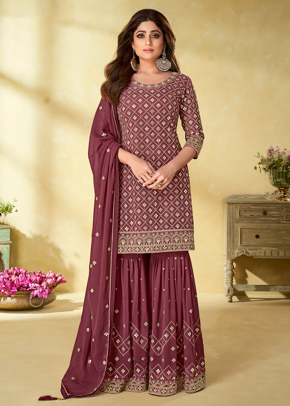 Foil Mirror Excellent Wine Festive Wear Palazzo Suit