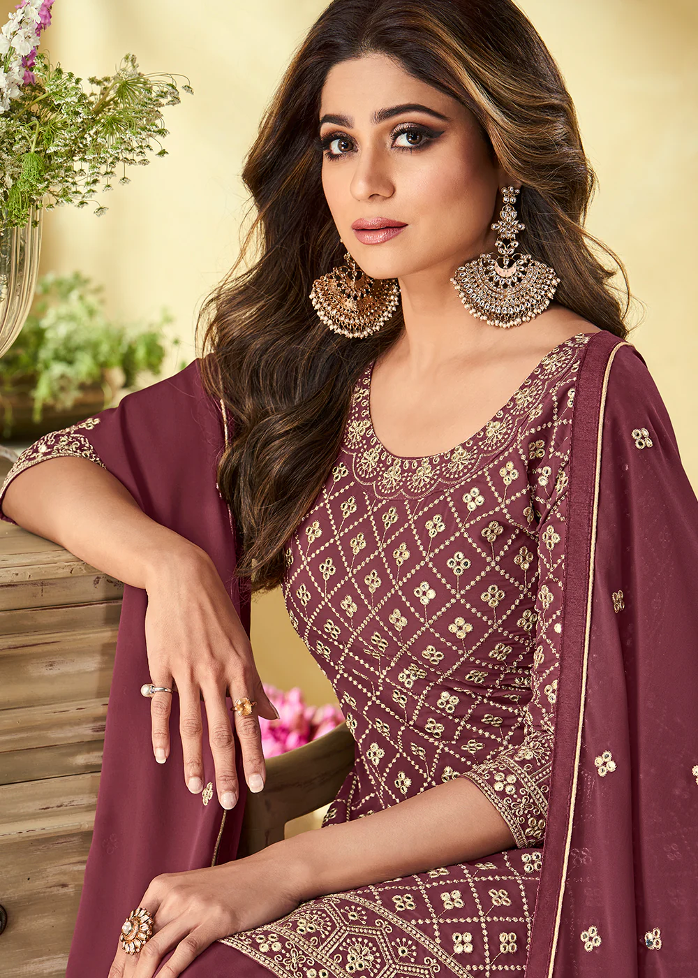 Foil Mirror Excellent Wine Festive Wear Palazzo Suit - Image 2