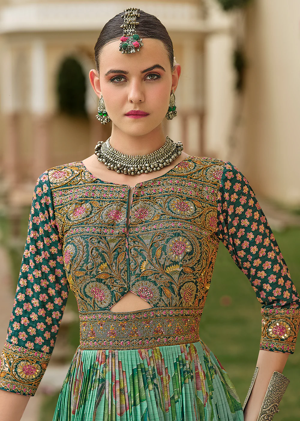 Foil Printed Green Silk Embroidered Festive Anarkali Gown - Image 2