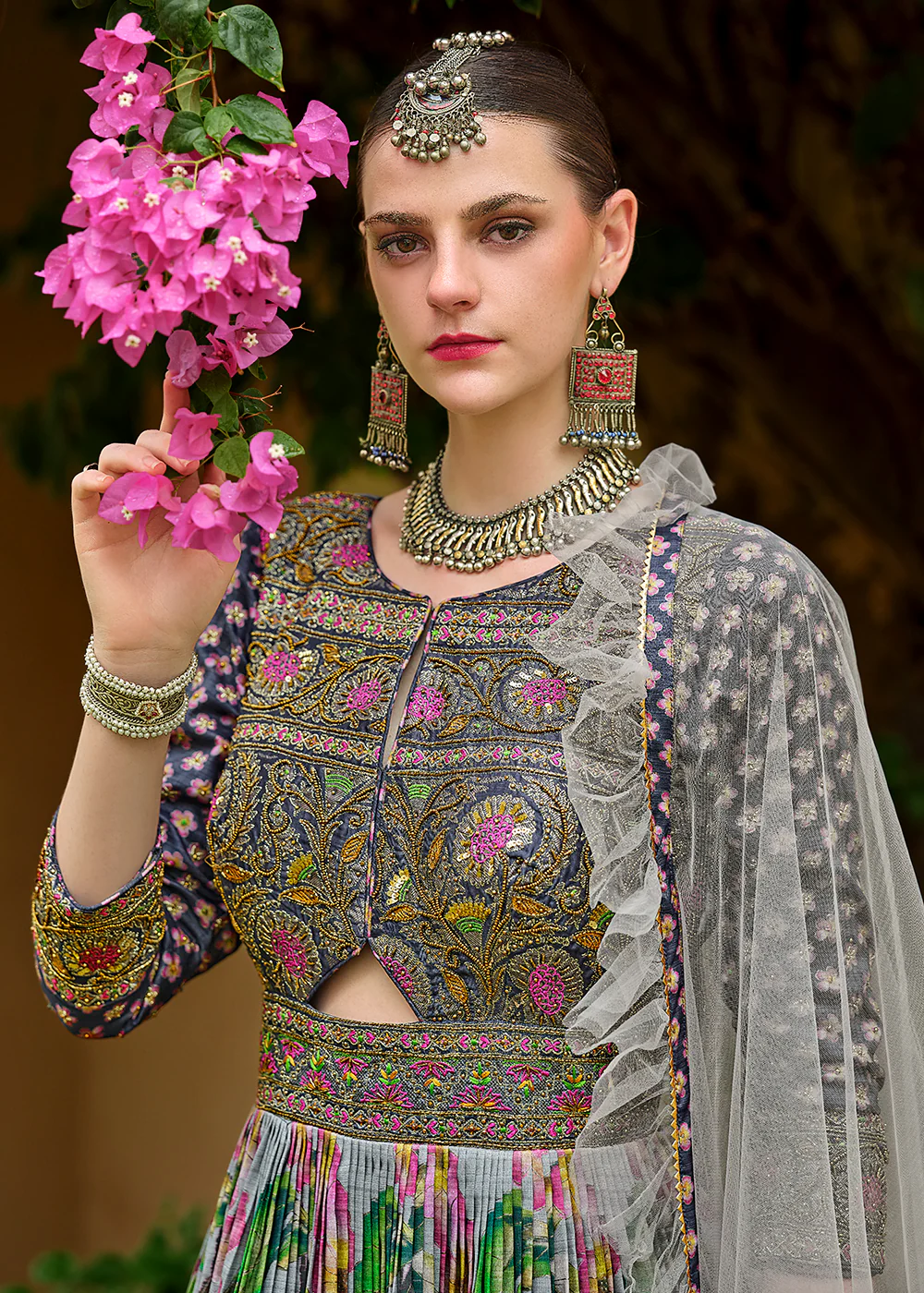 Foil Printed Grey Silk Embroidered Festive Anarkali Gown - Image 2