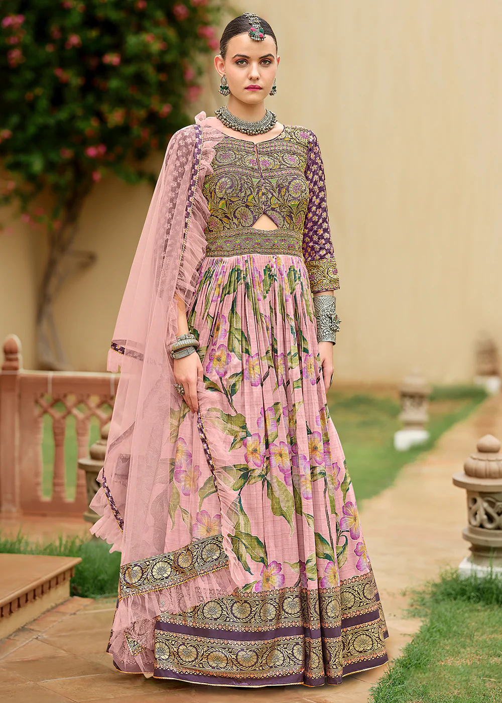 Foil Printed Pink Silk Embroidered Festive Anarkali Gown