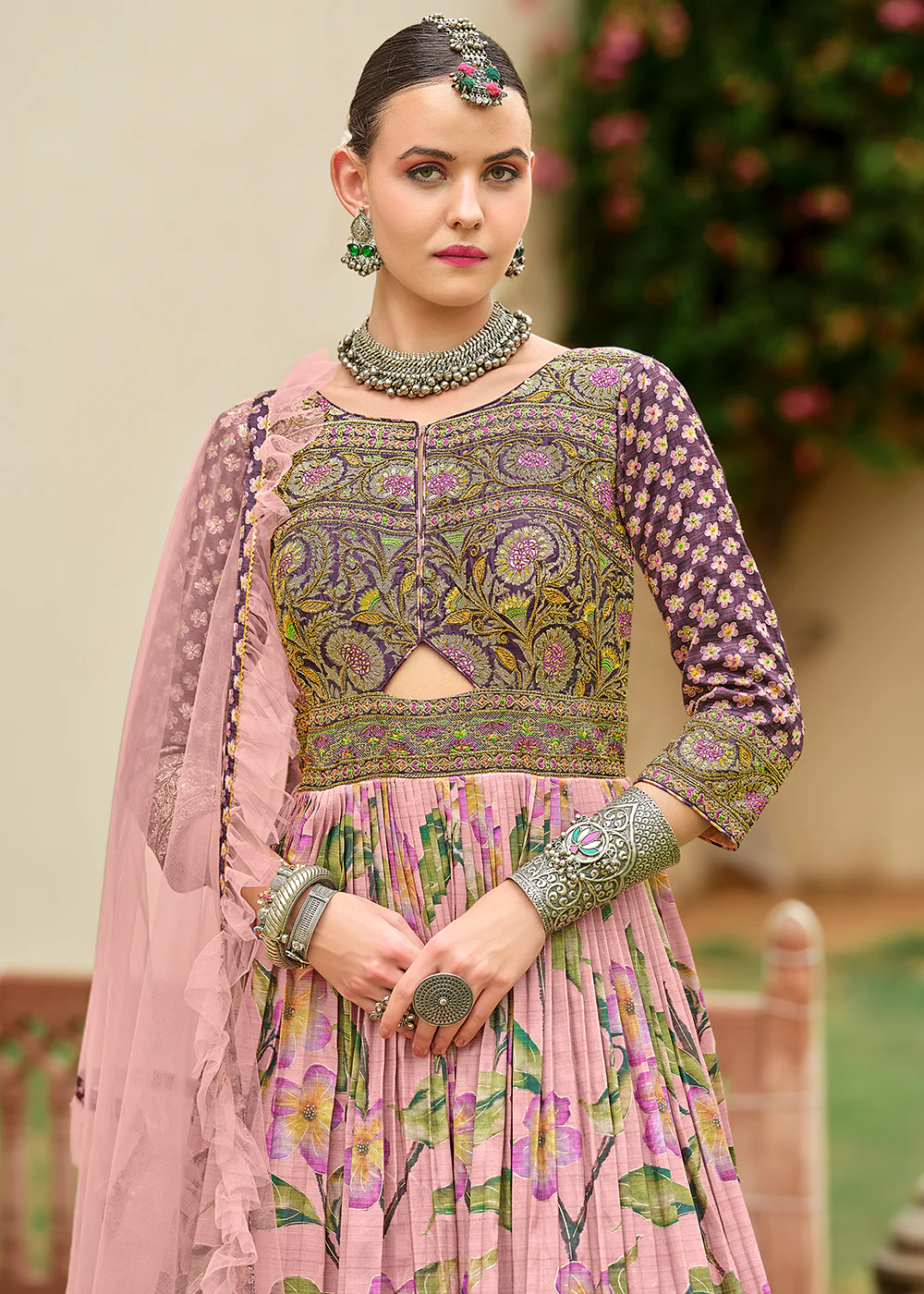 Foil Printed Pink Silk Embroidered Festive Anarkali Gown - Image 2