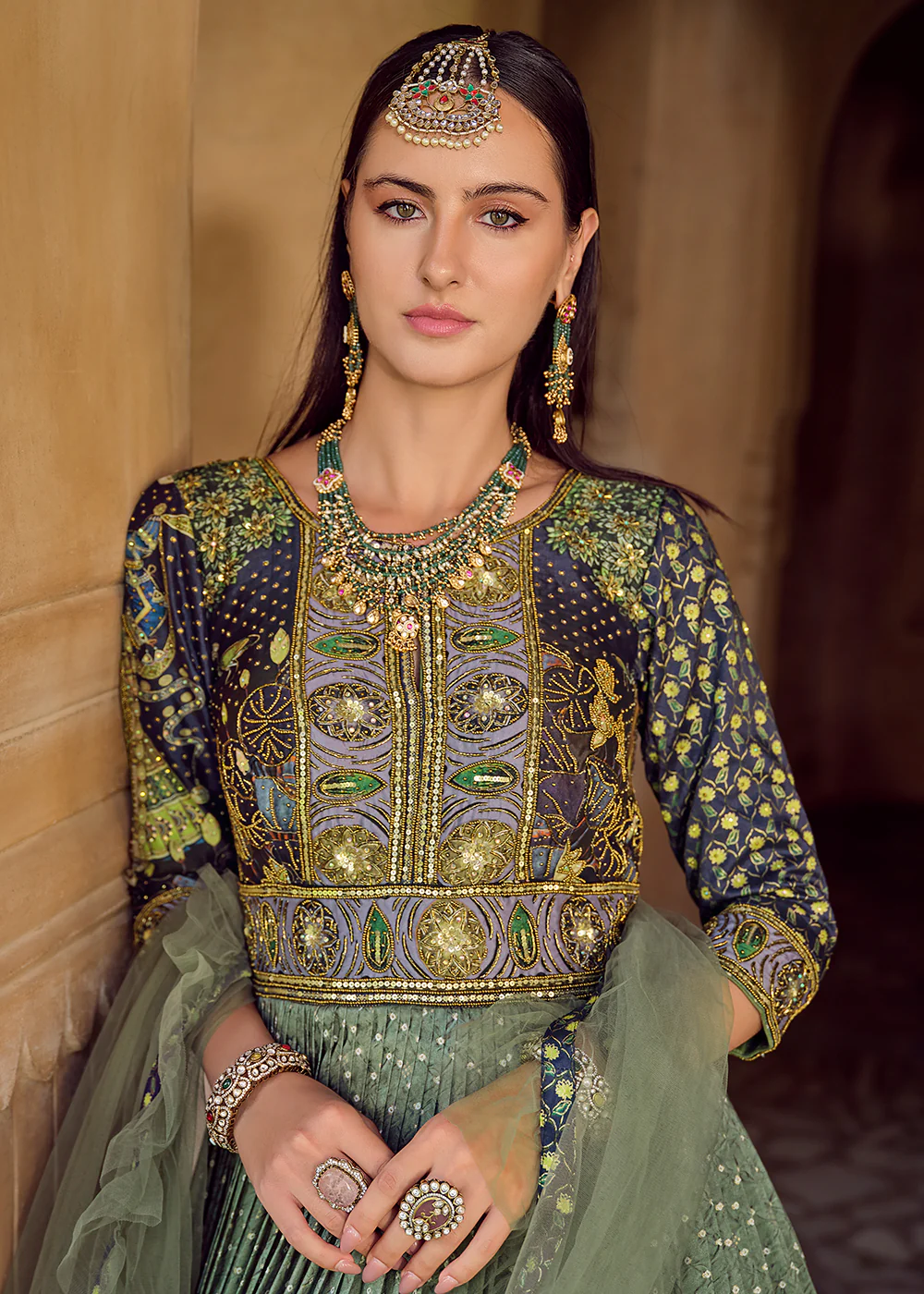 Foil Printed Silk Green Embroidered Festive Anarkali Gown - Image 2