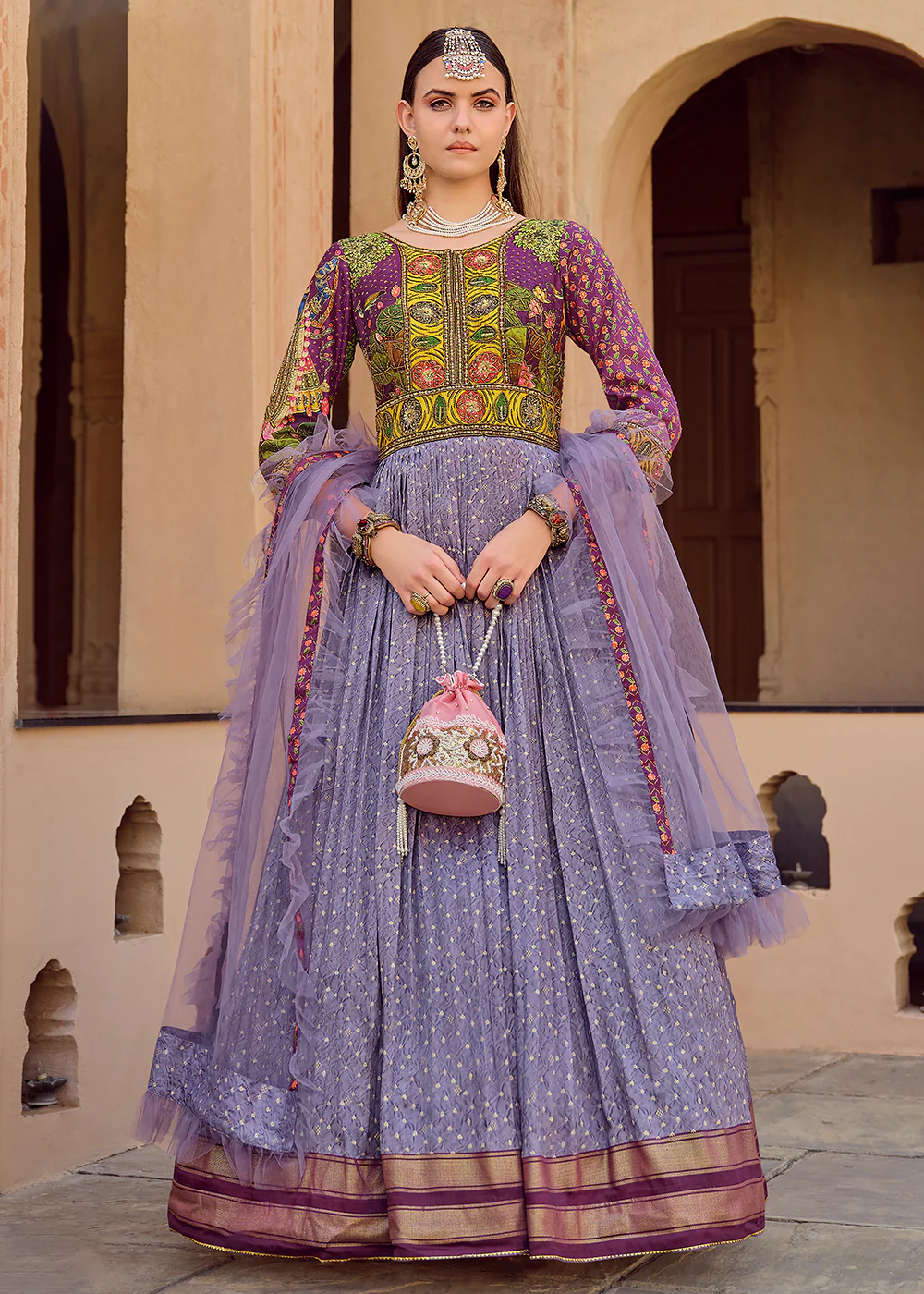 Foil Printed Silk Lavender Embroidered Festive Anarkali Gown