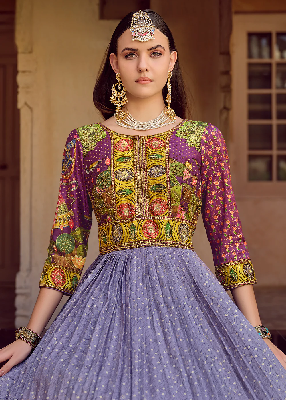 Foil Printed Silk Lavender Embroidered Festive Anarkali Gown - Image 2