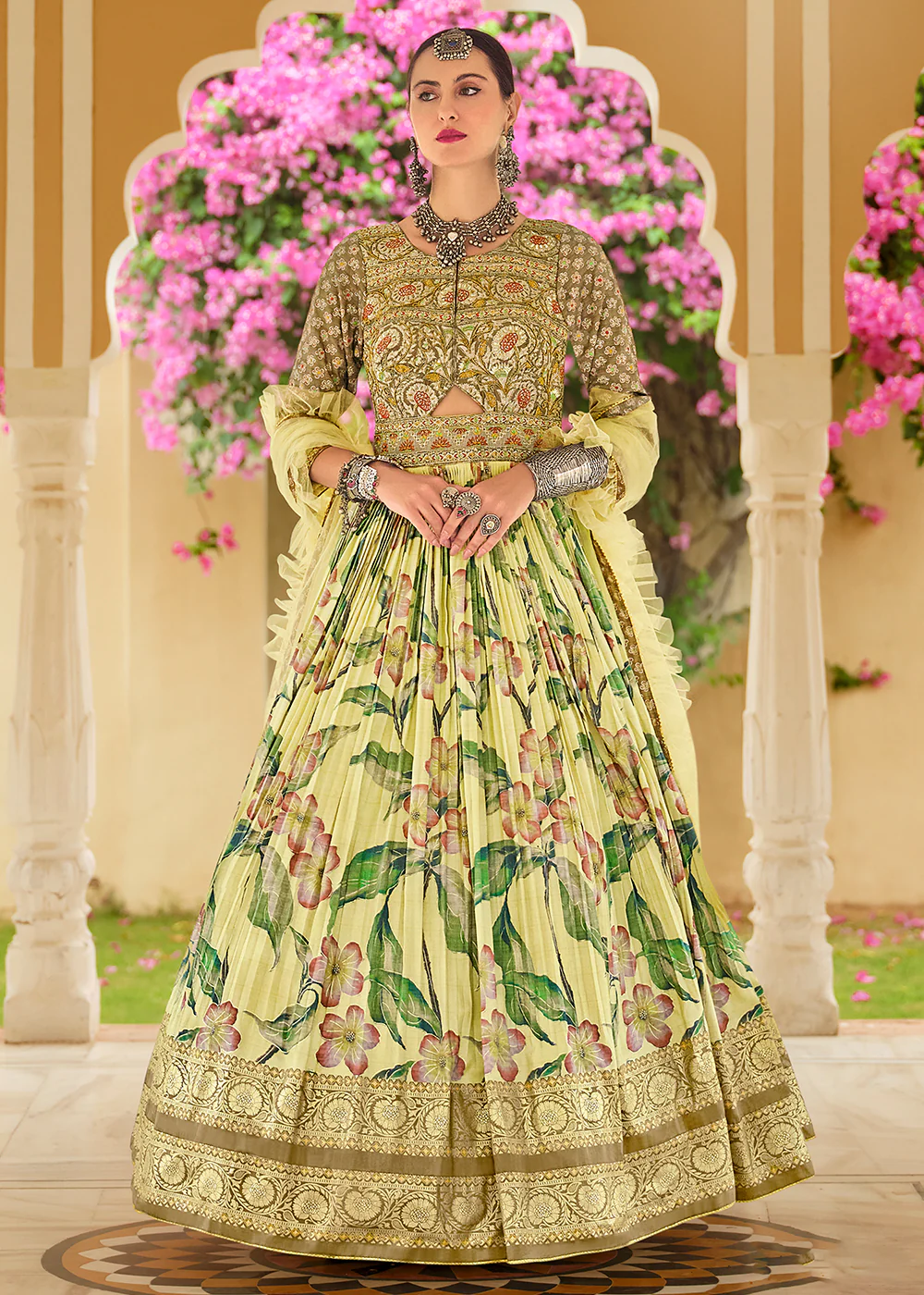 Foil Printed Yellow Silk Embroidered Festive Anarkali Gown