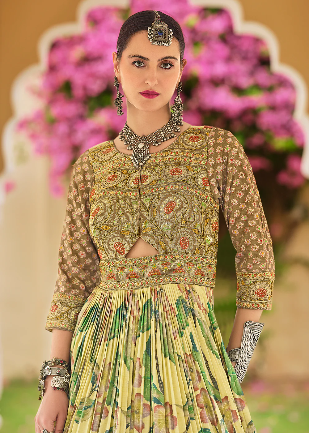 Foil Printed Yellow Silk Embroidered Festive Anarkali Gown - Image 2