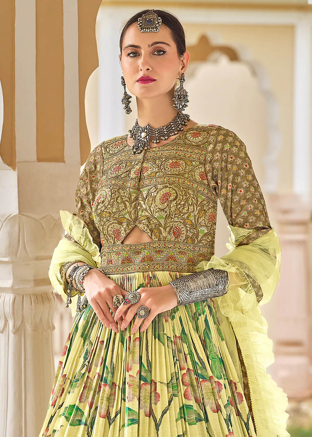 Foil Printed Yellow Silk Embroidered Festive Anarkali Gown - Image 3
