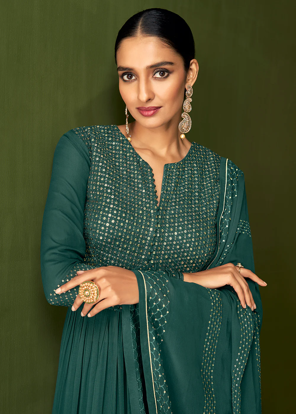 Forest Green Anarkali Style Designer Palazzo Salwar Suit - Image 2