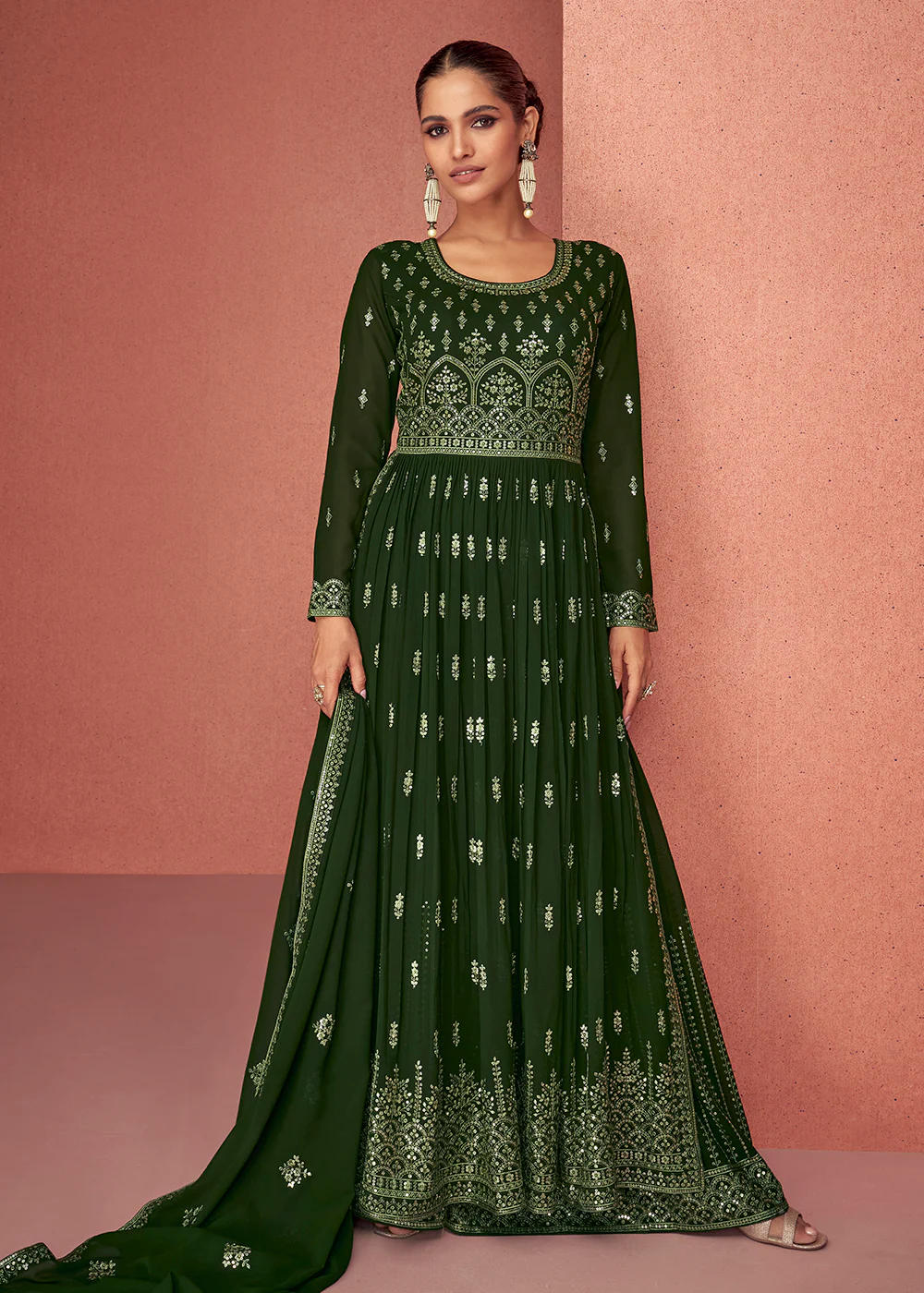 Forest Green Anarkali Style Georgette Embellished Palazzo Suit