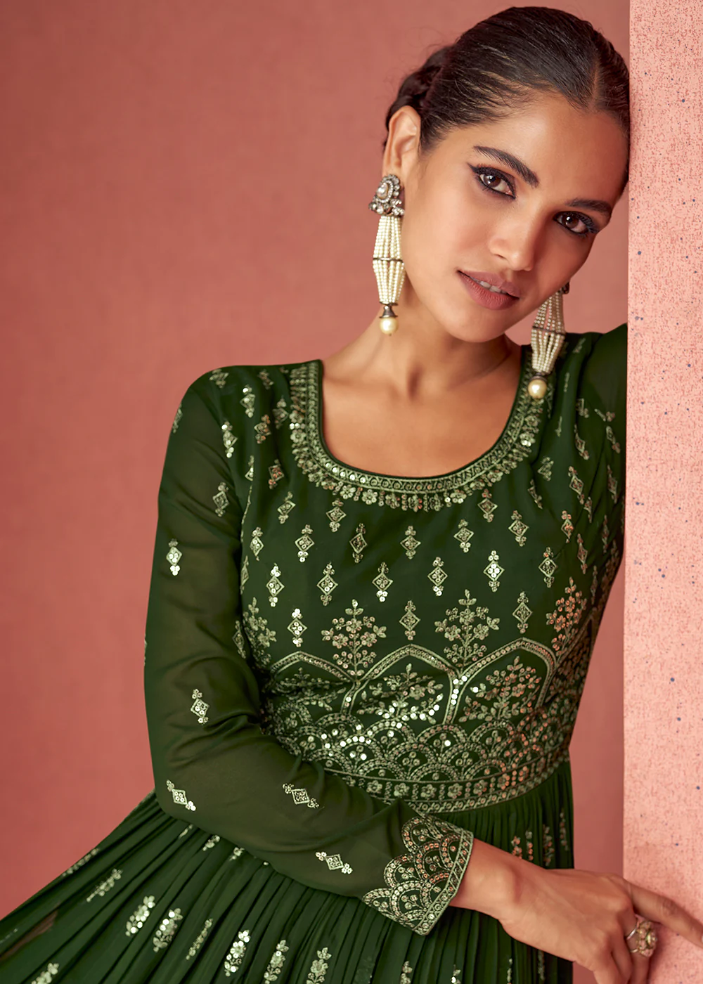 Forest Green Anarkali Style Georgette Embellished Palazzo Suit - Image 2