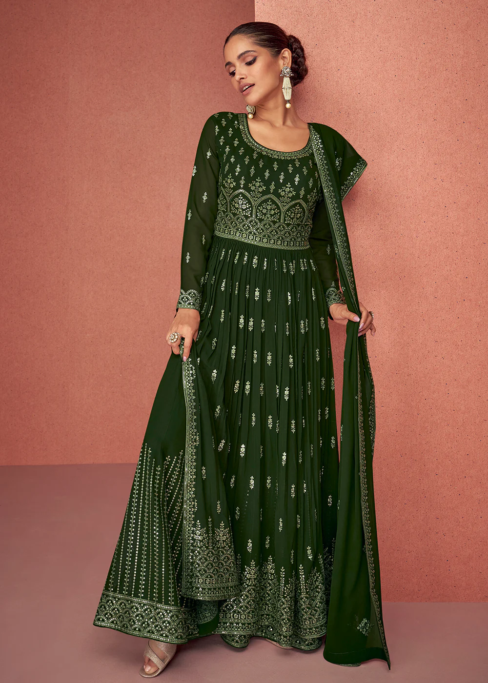 Forest Green Anarkali Style Georgette Embellished Palazzo Suit - Image 3