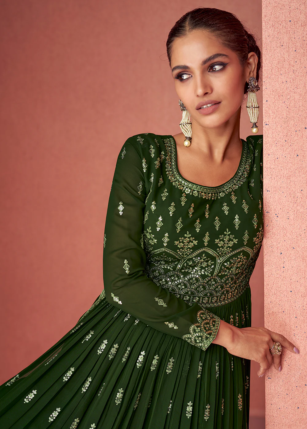 Forest Green Anarkali Style Georgette Embellished Palazzo Suit - Image 4