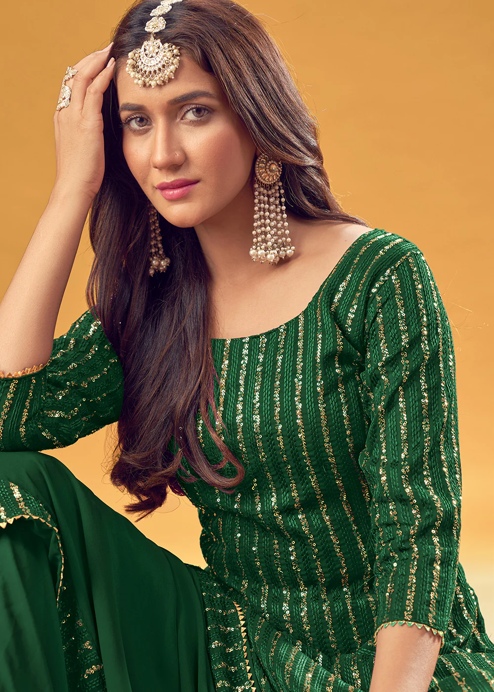 Forest Green Embroidered Indian Designer Gharara Suit - Image 2