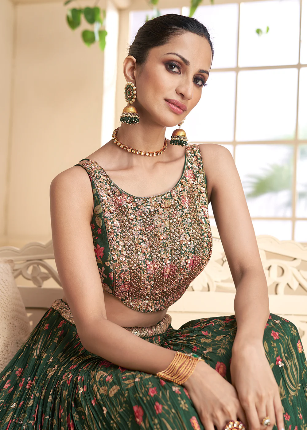 Forest Green Georgette Embroidered Wedding Lehenga Set - Image 2