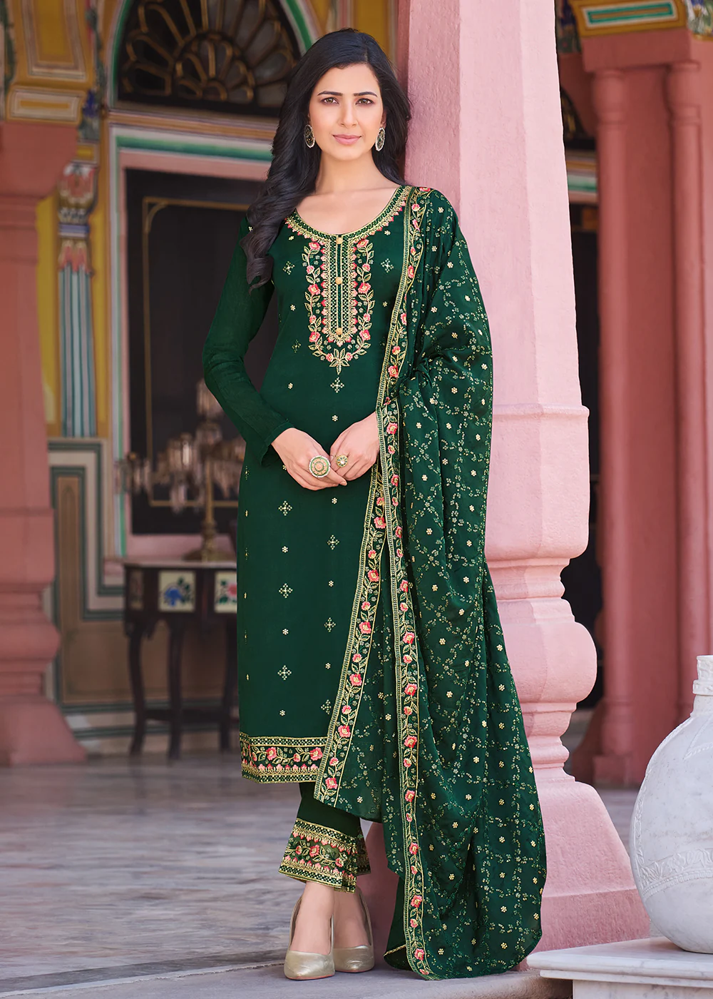 Forest Green Pakistani Pant Style Chinnon Salwar Suit