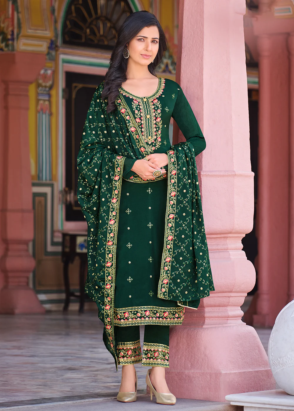 Forest Green Pakistani Pant Style Chinnon Salwar Suit - Image 3