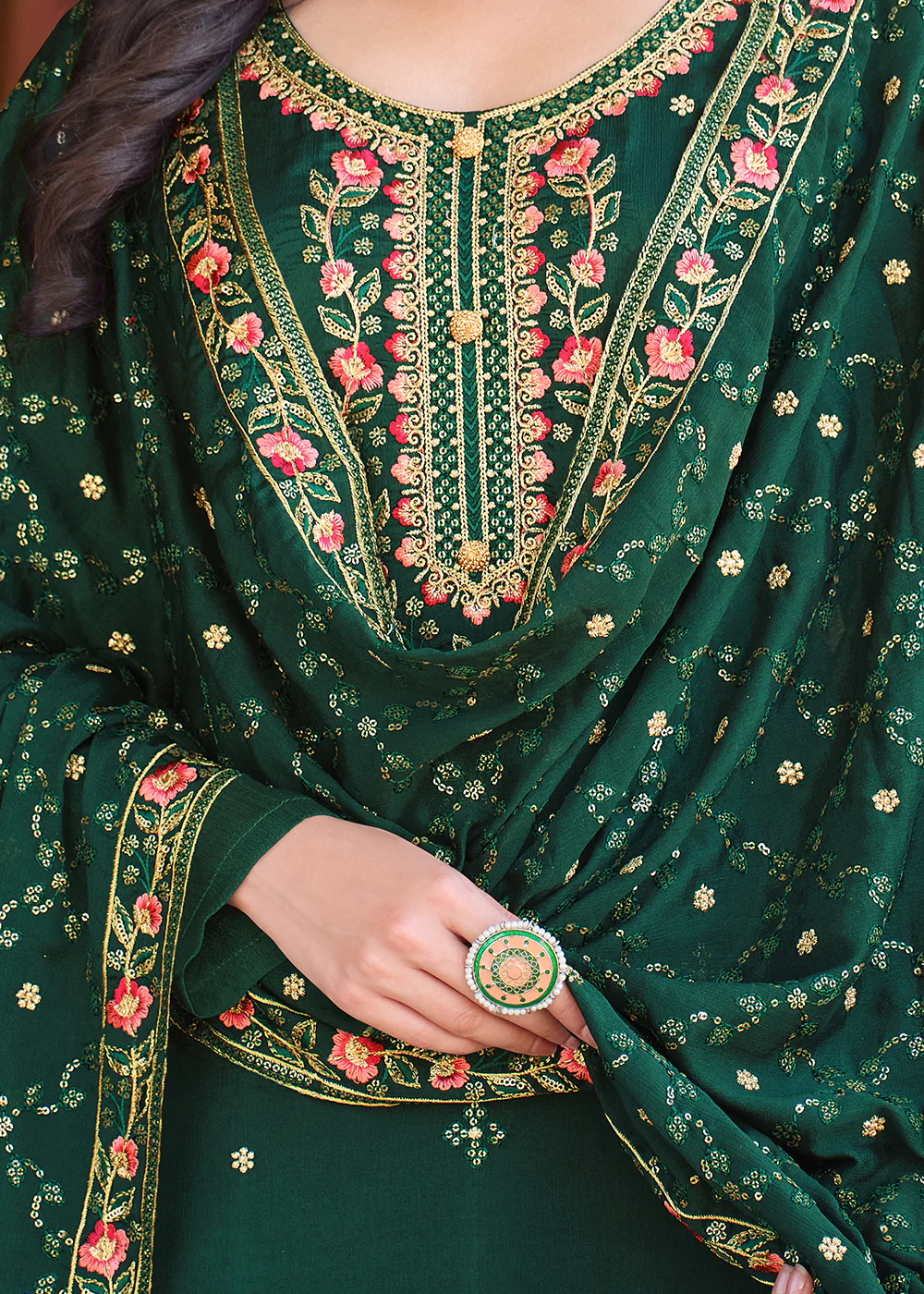 Forest Green Pakistani Pant Style Chinnon Salwar Suit - Image 4