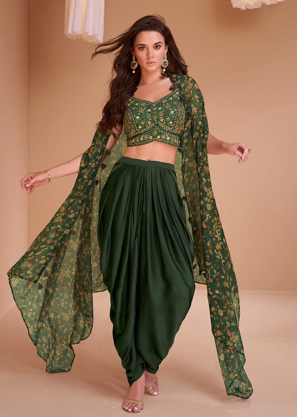 Forest Green Satin Silk Indo Western Style Dhoti Pant Suit - Image 3