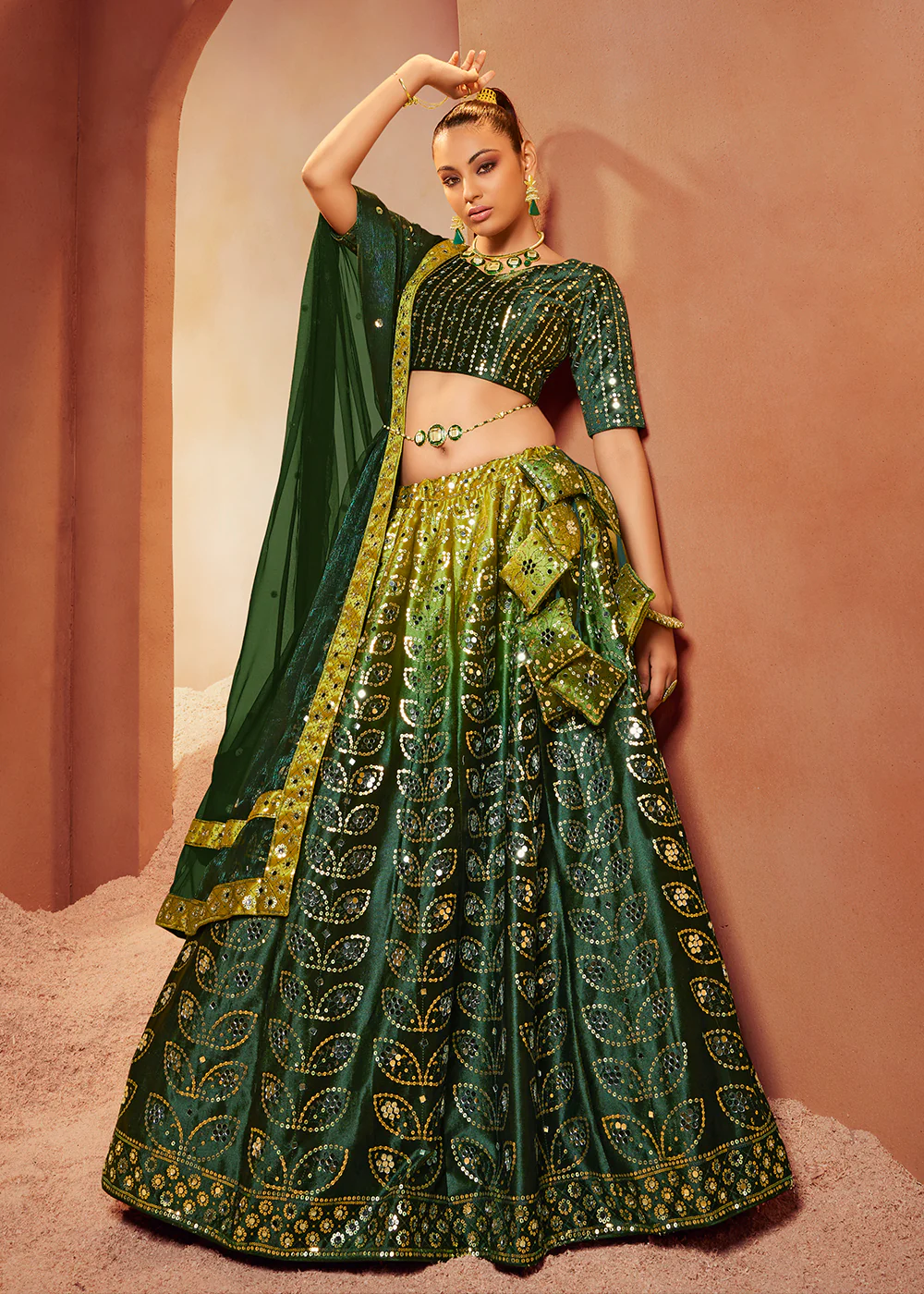 Forest Green Sequins & Mirror Velvet Wedding Lehenga Choli