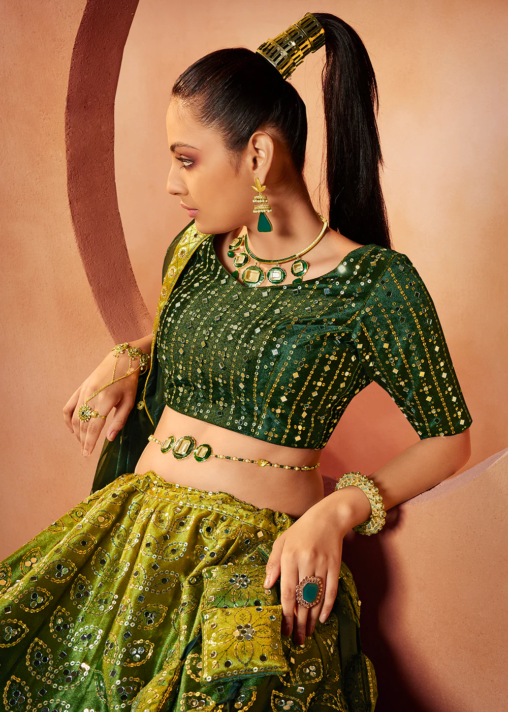 Forest Green Sequins & Mirror Velvet Wedding Lehenga Choli - Image 2