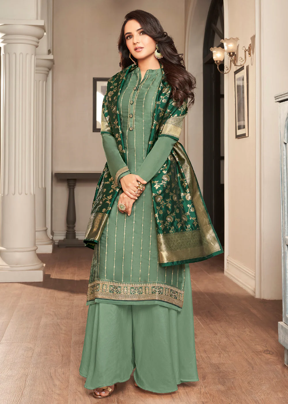 Forest Green Traditional Silk Embroidered Palazzo Salwar Suit