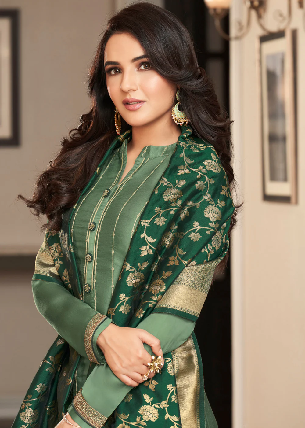 Forest Green Traditional Silk Embroidered Palazzo Salwar Suit - Image 2